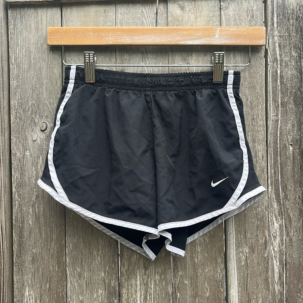 NIKE Black with White Stripe Lined Tie Waist DRY FIT Shorts,Girls,Size Medium
